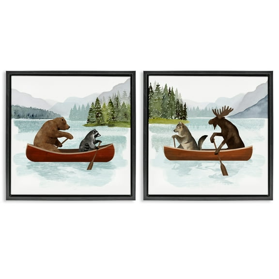 Stupell Industries Woodland Animals on Canoes Animals & Insects Painting Black Floater Framed Canvas Art Print Wall Art, 18 x 18, Set of 2