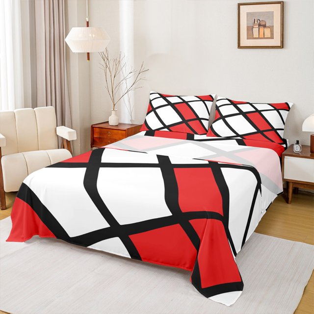 Erosebridal Abstract Geometry Grid Bed Sheets Set Queen Size,Red Aesthetic Art Bedding Sets Queen Size,Geometric Pattern Bed Sheets Queen,Microfiber Room Decoration,4pcs