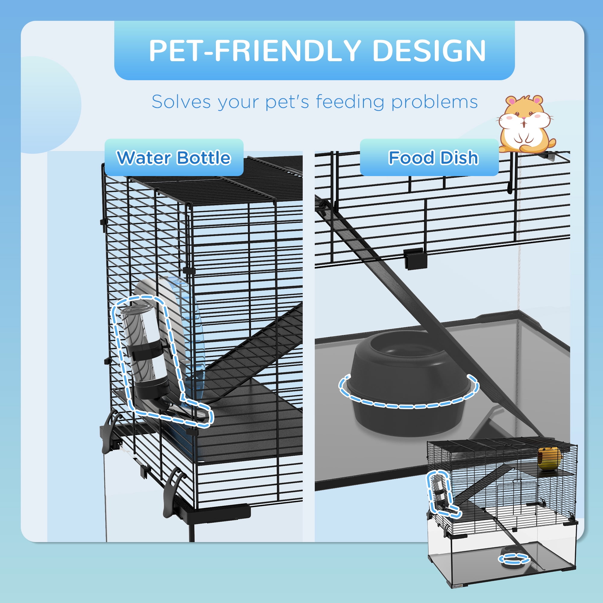 PawHut 23.5" Hamster Cage, Gerbil Cage with Glass Basin for Small Hamsters