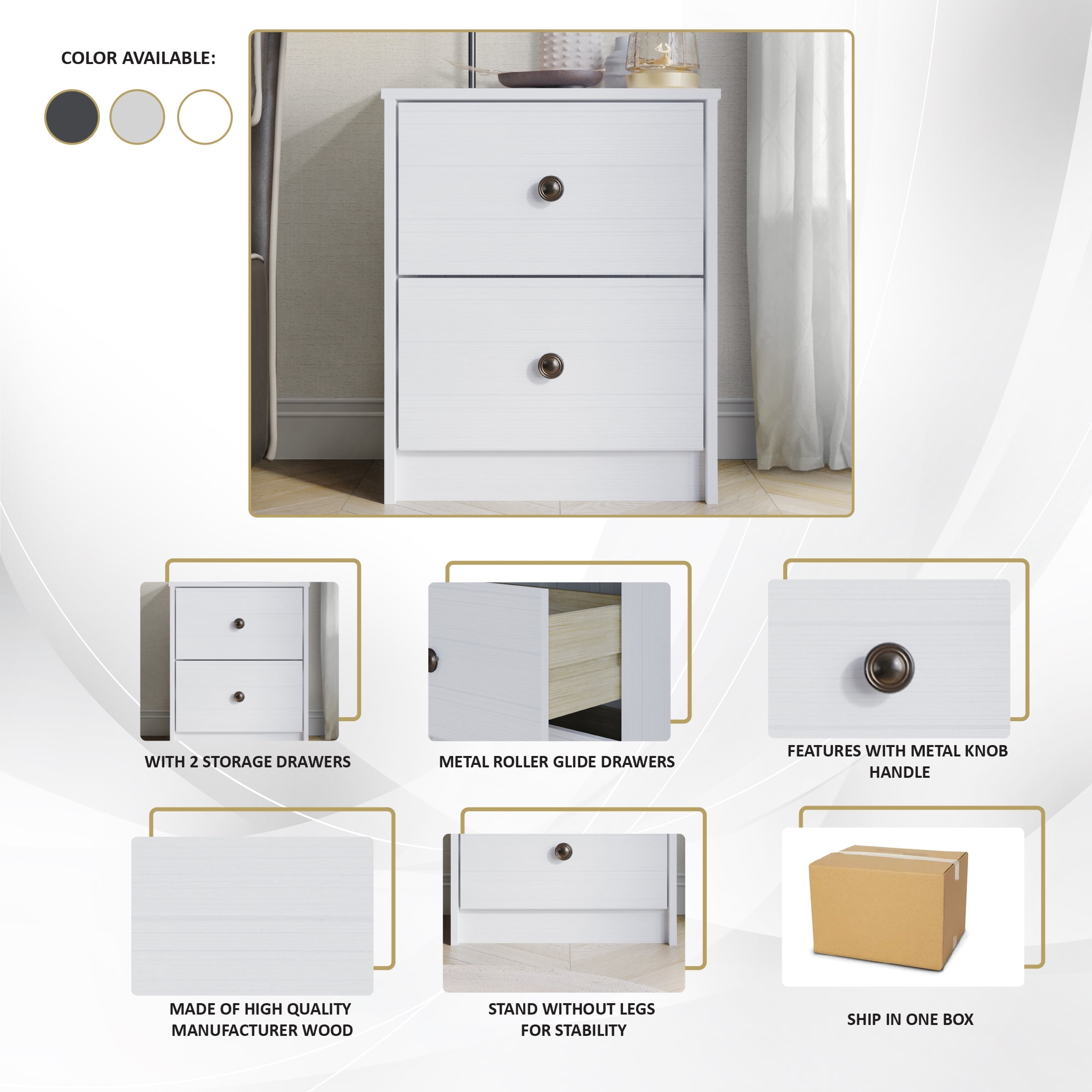 Castle Place Vintage Nightstand with 2 Drawers, White Gray