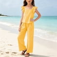 thumbnail image 2 of Miluxas Girls' Gingham 2-Piece Set - Ruffle Sleeve Top & Wide Leg Pants, Lightweight Plaid Outfit for Beach & Summer Wear Yellow 13 Years, 2 of 8