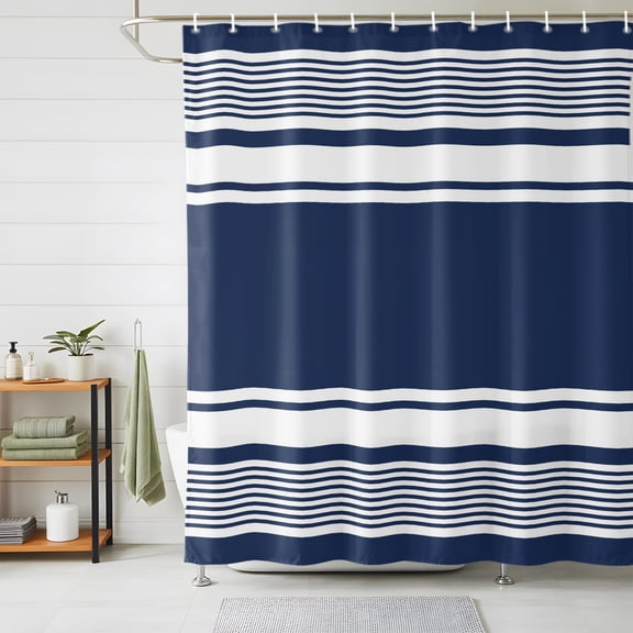 Shower Curtains for Bathroom, Farmhouse Navy Blue Waterproof Fabric Shower Curtain, Farmhouse Blue Line Striped Decorative Bathroom Curtain for Bathtub, 72"x78", No Hooks Included