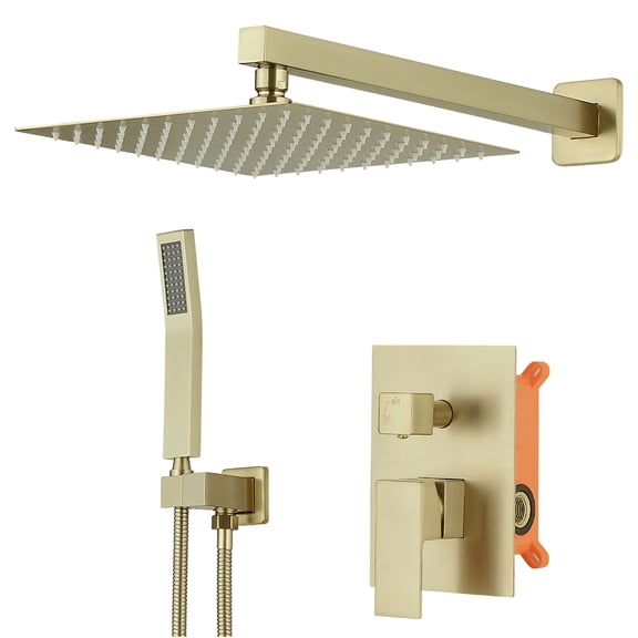 JERFIT 10" Wall Mounted Luxury Shower System, Brushed Gold Rainfall Shower Combo with Handheld Spray, High Pressure Stainless Steel Bathroom Faucet Set