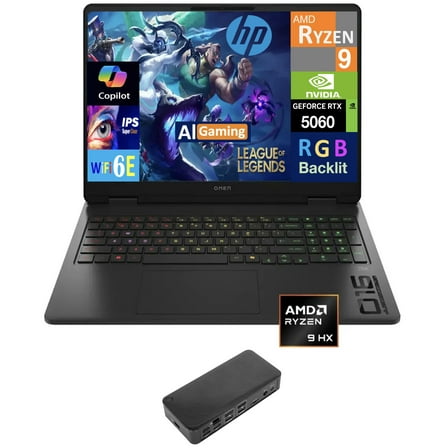 HP OMEN AI Gaming Laptop 16.0in 144Hz IPS WUXGA Display (AMD Ryzen 9 8940HX, NVIDIA GeForce RTX 5060 8GB, 32GB DDR5, 4TB PCIe SSD, 3-Zone RGB KB, WiFi 6E, Webcam, Win 11 Home) w/USB-C Dock