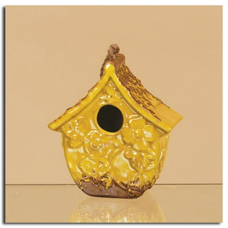2 Bright Yellow Outdoor Garden Distressed Rustic Ceramic Birdhouses 7.25"