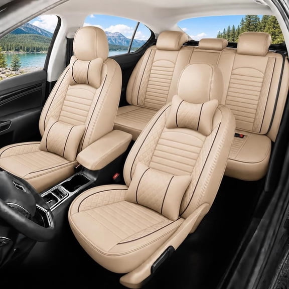 Car Seat Cover for Mazda 6 2010-2021: Car Seat Covers Full Set Waterproof Faux Leather Seat Cover Cushion Protector (Beige)