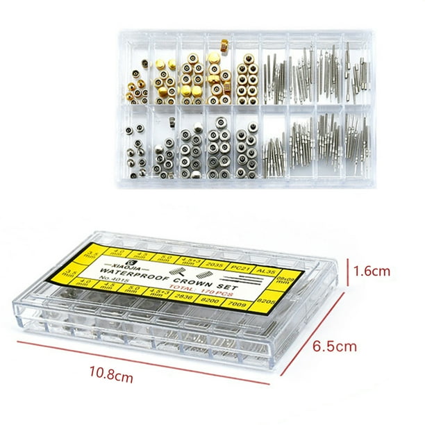 170 piezas Kit de repuesto de tornillo de reparación de reloj de acero inoxidable Kits de repuesto de piezas de corona de reloj Juego de herramientas de reparación de accesorios de reloj de cabeza pla