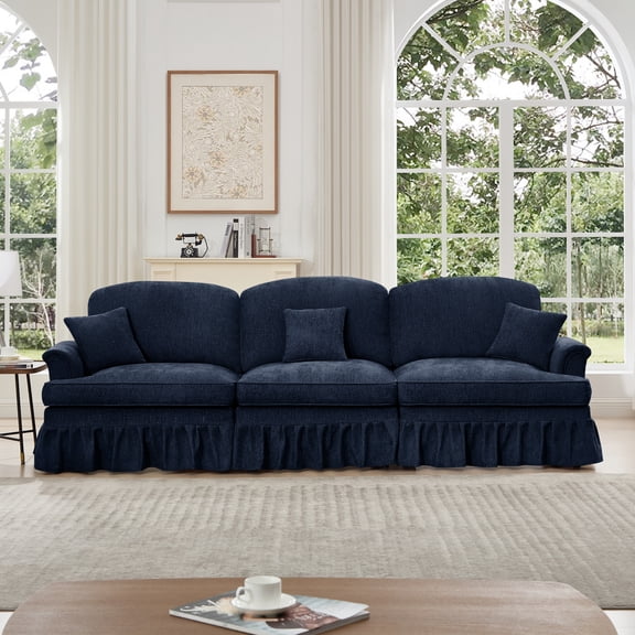 Miekor Furniture Elegant Mid Century Large 3 Seater Sofa Couch with Flared Arms and Removable Ruffles Pleats Skirts and Spindle Legs, Comfy Chenille Three-Seat Sofa for Living Room, Blue MK0911