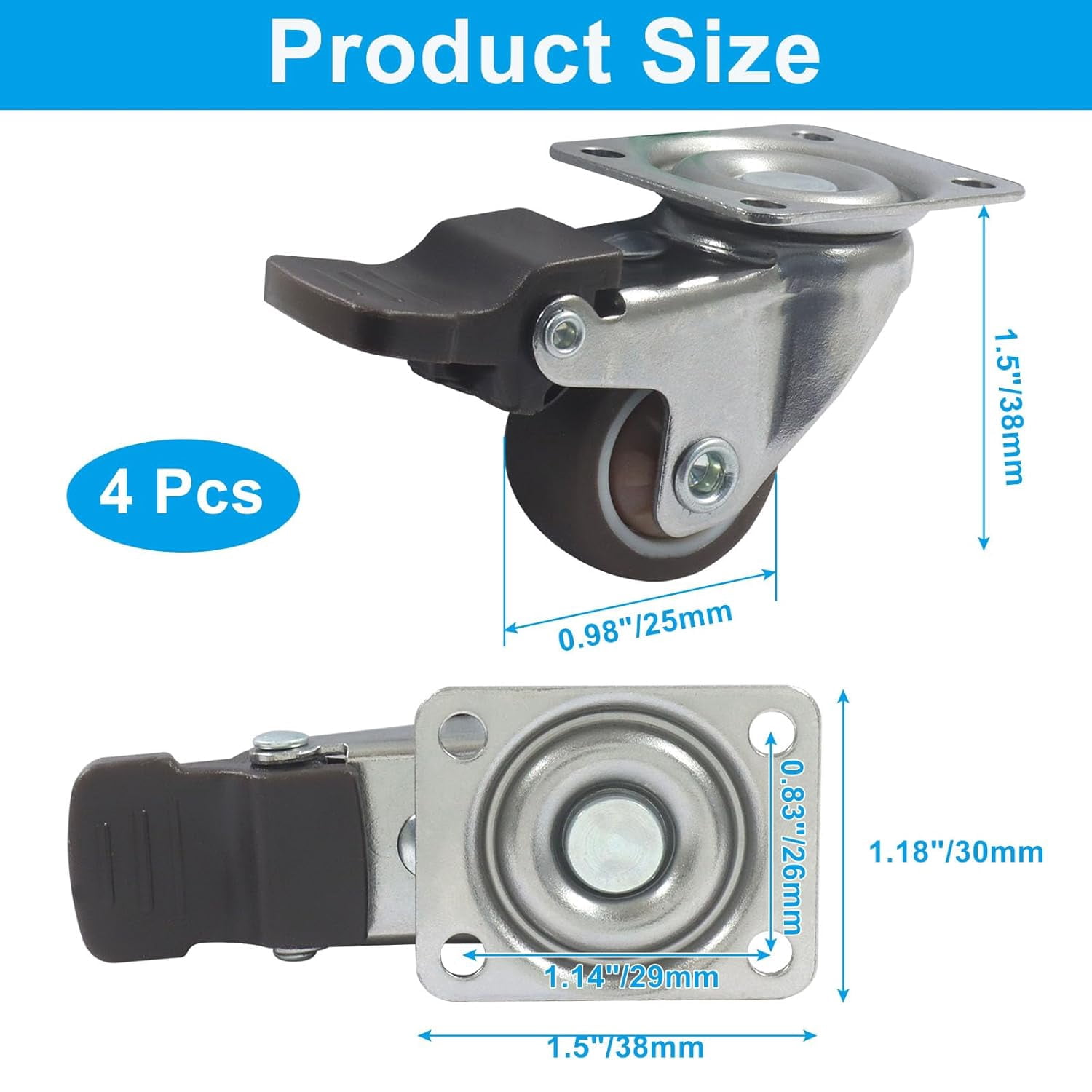 FRKSMD-4 Pack 1" Caster Wheels, Furniture Casters with Brake Rubber Wheels, No Noise Small Swivel Wheels for Workbench/Table