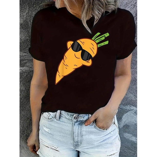 Creative Glasses Carrot Pattern Printed Women'S Fashionable Trendy Round Neck Short Sleeve, Simple Casual Sports T-Shirt, Comfortable Summer Top for Women During Holidays.