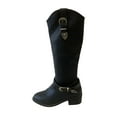 thumbnail image 2 of Tawop Womans Boots Knee High Chunky Low Heel Buckle Pointy Toe Black Boots, 2 of 9