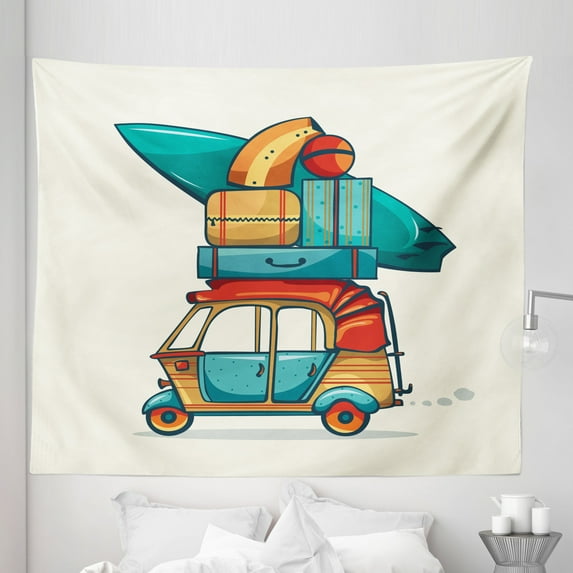 Vintage Car Tapestry, Cartoon Style Automobile Rickshaw with Summer Vacation Luggage and Surfboard, Fabric Wall Hanging Decor for Bedroom Living Room Dorm, 5 Sizes, Multicolor, by Ambesonne