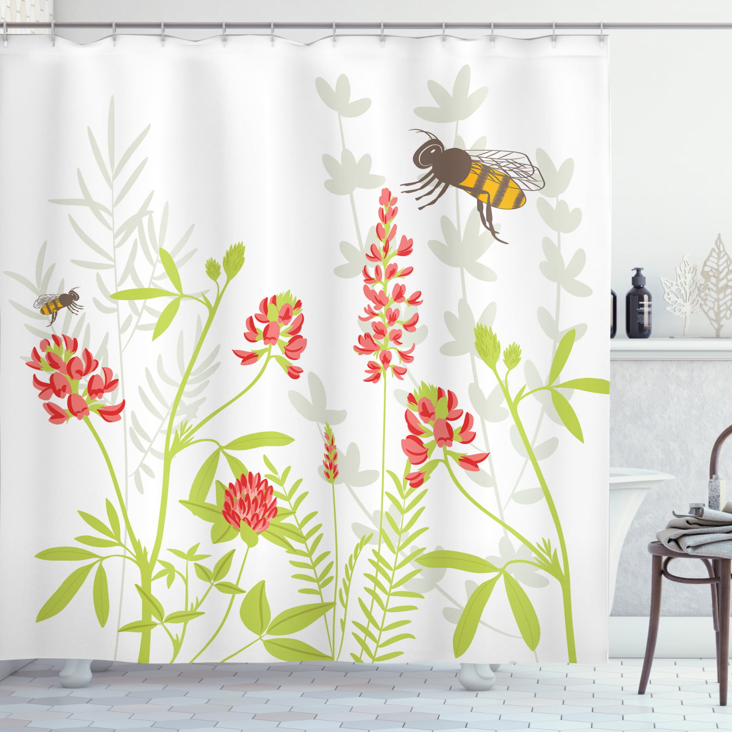 Flowers and Bees Polyester Waterproof Bathroom Fabric Shower Curtain 12 Hook 
