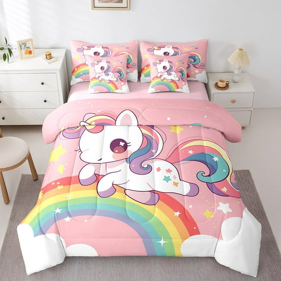 Erosebridal Unicorn Bedding Sets for Teens, Colorful Rainbow Comforter Sets with Sheets, Cartoon Stars Reversible Bed Sheets Set, Breathable Room Decorative, 7pcs