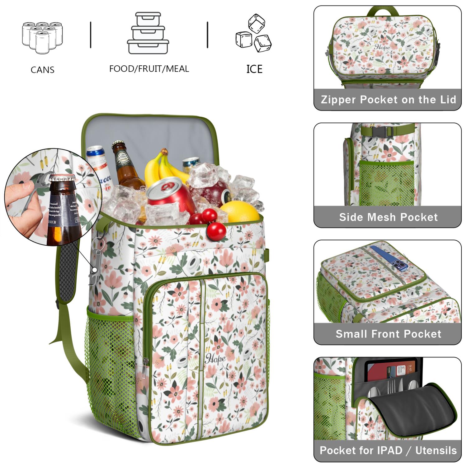 Travel Cooler Bag - Pioneer Flower Floral Print Pattern Camping Beer Cooler Backpack with Bottle Opener- Waterproof Insulated Picnic Backpacks - Cooler Bag for Beach
