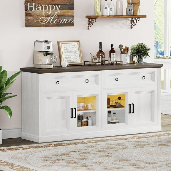 Sideboard Buffet Cabinet with 2 Drawers, 63'' Large Farmhouse Wood Coffee Bar with LED Lights, Transparent Doors & Adjustable Shelves, with Outlet,  Antique White