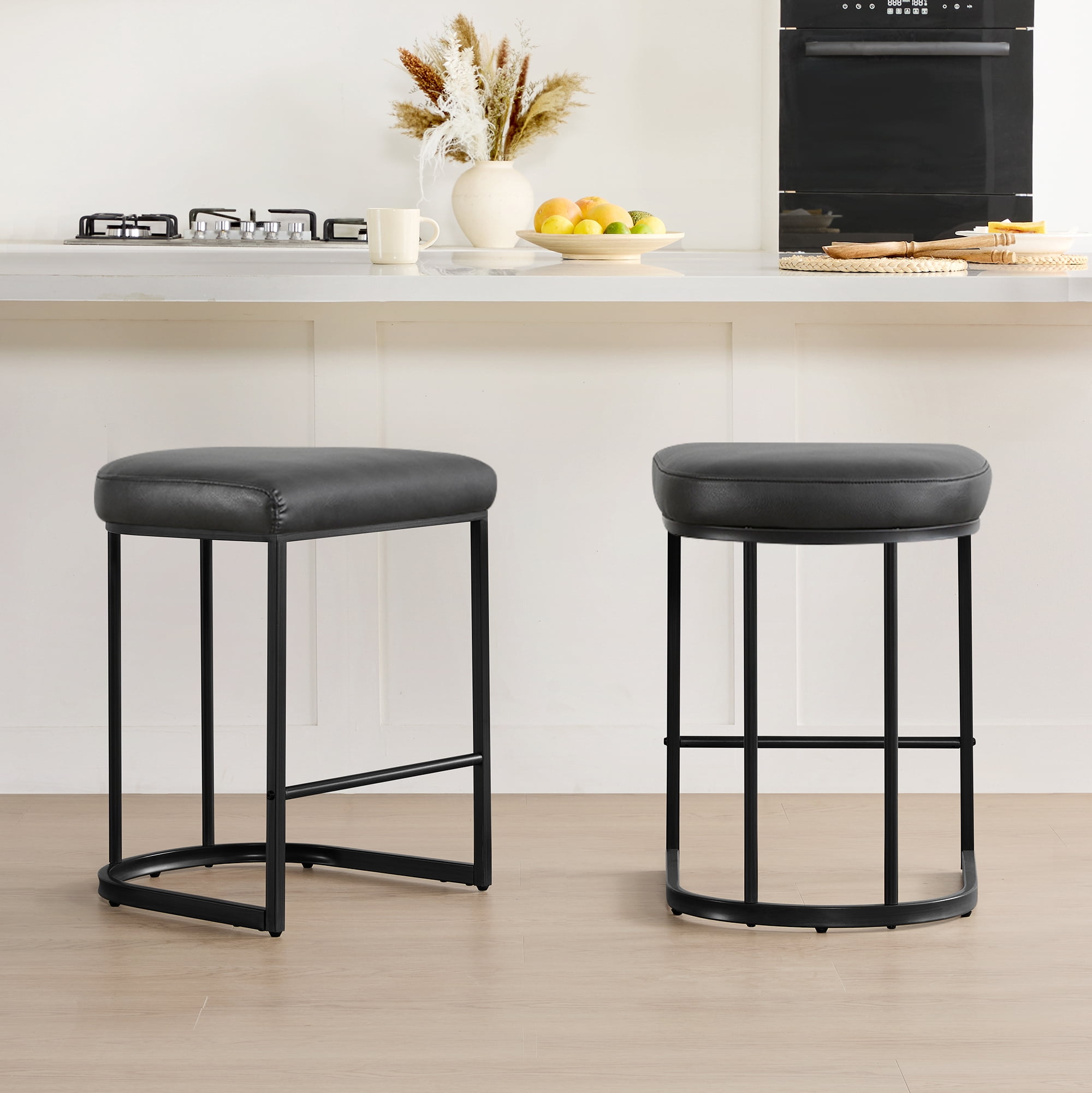 Spruce & Spring Modern Counter Bar Stool with Curved Upholstered Seat and Metal Legs for Kitchen Island or Bar Set of 3, Black with Metal Legs