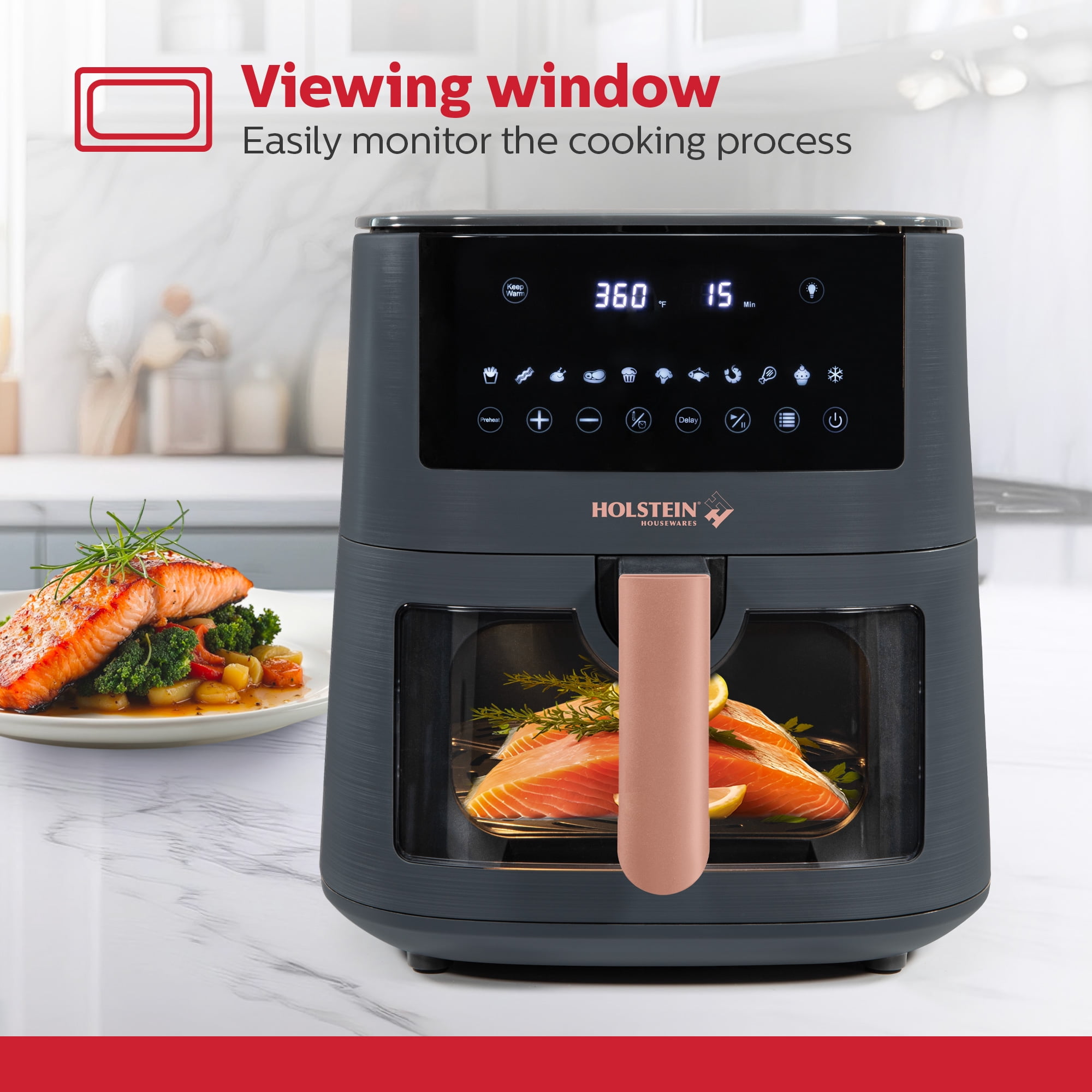 Holstein Housewares 7.6QT DIGITAL AIR FRYER ROSE GOLD – Large Capacity, LED Touchscreen, Viewing Window, 11 Presets, Preheat & Keep Warm Functions, Hot Air Technology for Healthier Cooking