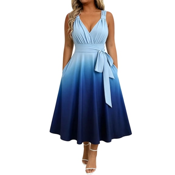 Levmjia Women's Plus Size Maxi Dress Summer Sleeveless V Neck Tie Waist A Line Dress with Pockets Casual Beach Vacation Long Dress
