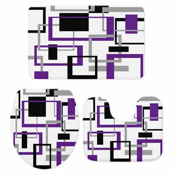 Purple Black Geometric Bath Mat 3 Piece Bathroom Rug Set, Minimalist Stripes Abstract Art Non Slip Bath Rug Contour Mat and Toilet Lid Cover, Absorbent Shower Mats Soft Bath Rugs and Mats Sets
