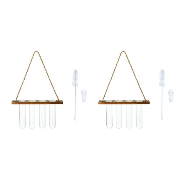 Toystoory Terrario de jarrones de tubo de ensayo para colgar en la pared con soporte de madera, estaciones de propagación simples de cristal marrón 2piezas