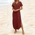 thumbnail image 5 of CFLVAEK Short Sleeve Dresses for Women Casual Summer V Neck Dress Solid Color Beach Vacation Maxi Dress with Pockets Wine XXL, 5 of 7