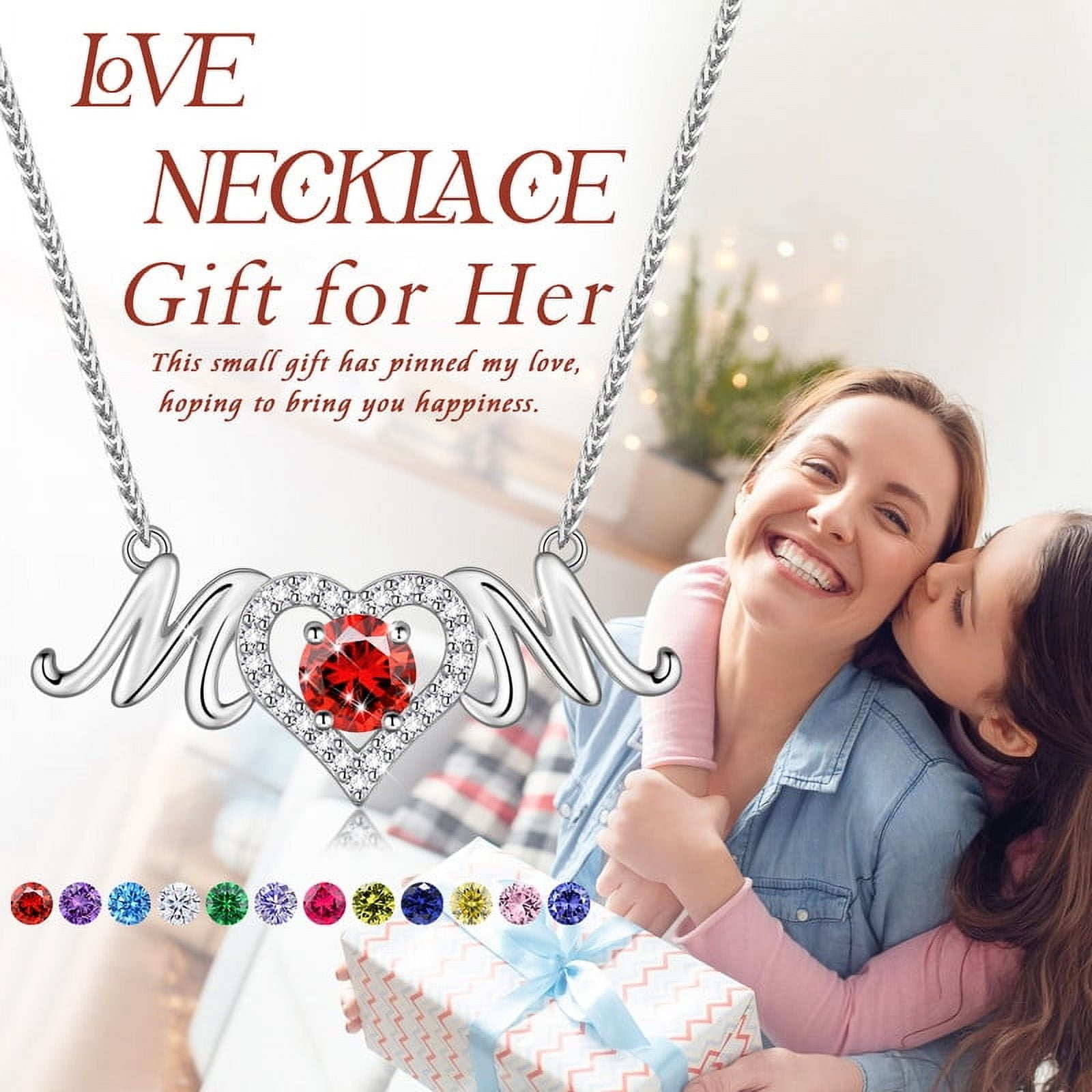 Beautlace Mom Pendant Necklace 925 Sterling Silver Love Heart July Ruby Birthstone Necklace Mother's Day Birthday Jewelry Gifts for Mom Women Grandma