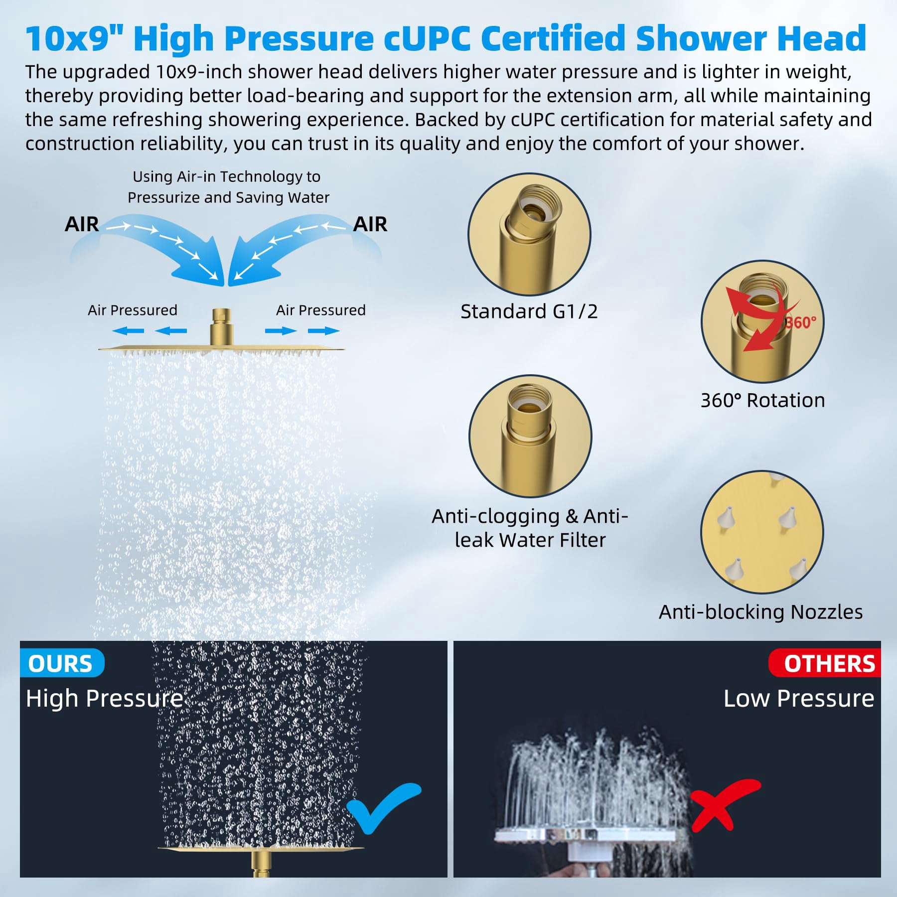 All Metal Cupc Certified Rain Shower Head  10'' High Rainfall Showerhead With 16" Extension Arm Brass Adjustable Extender Fixed Showerheads Brushed