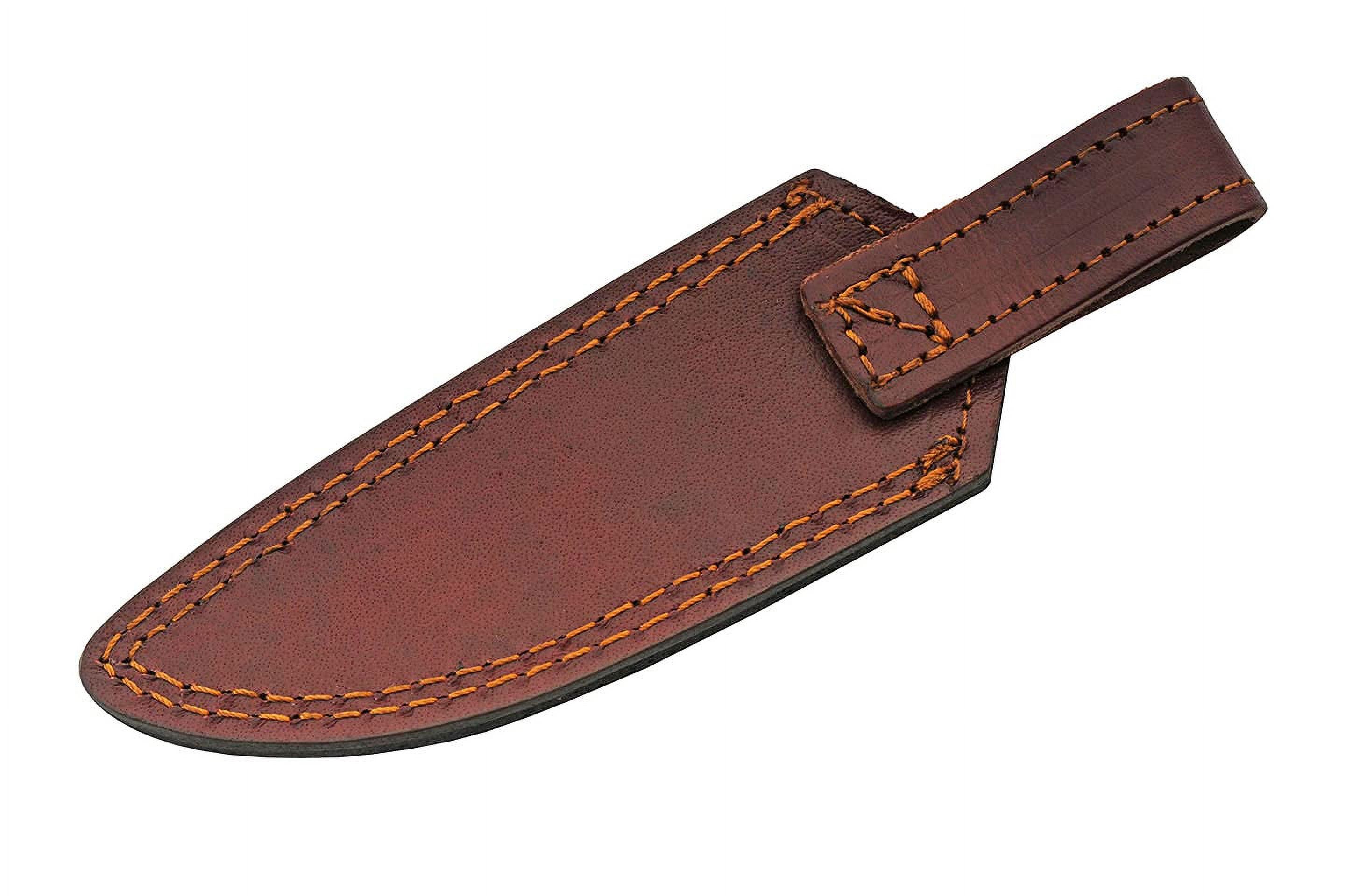SZCO Supplies 8" Damascus Steel Fixed Blade Outdoor Knife with Twisted Orange Wood Handle and Leather Sheath