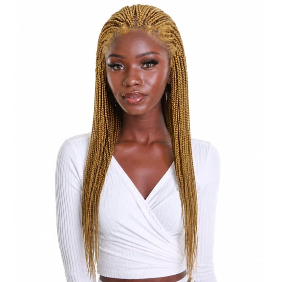 LUXLUXE Layla Straight 27.5 Inch Long 4X4 Hand-Tied Lace Braided Wig, Heat Resistant Fiber, Golden Blonde