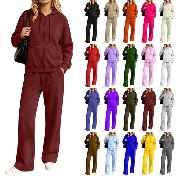 Women's 2 Piece Matching Lounge Set Sweatsuits,Full Zip Hoodie and High Waist Wide Leg Sweatpants,with Pockets,Solid Color Casual Tracksuit Loungewear Sets