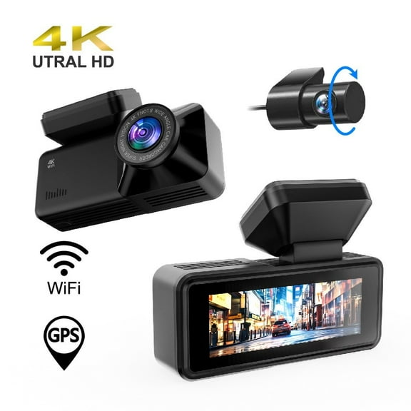 4K Dual Dash Cam with 128GB Card, Front and Rear Cameras, WiFi GPS, Night Vision, WDR, 170° Wide Angle, Loop Recording, G-Sensor, 3" Screen