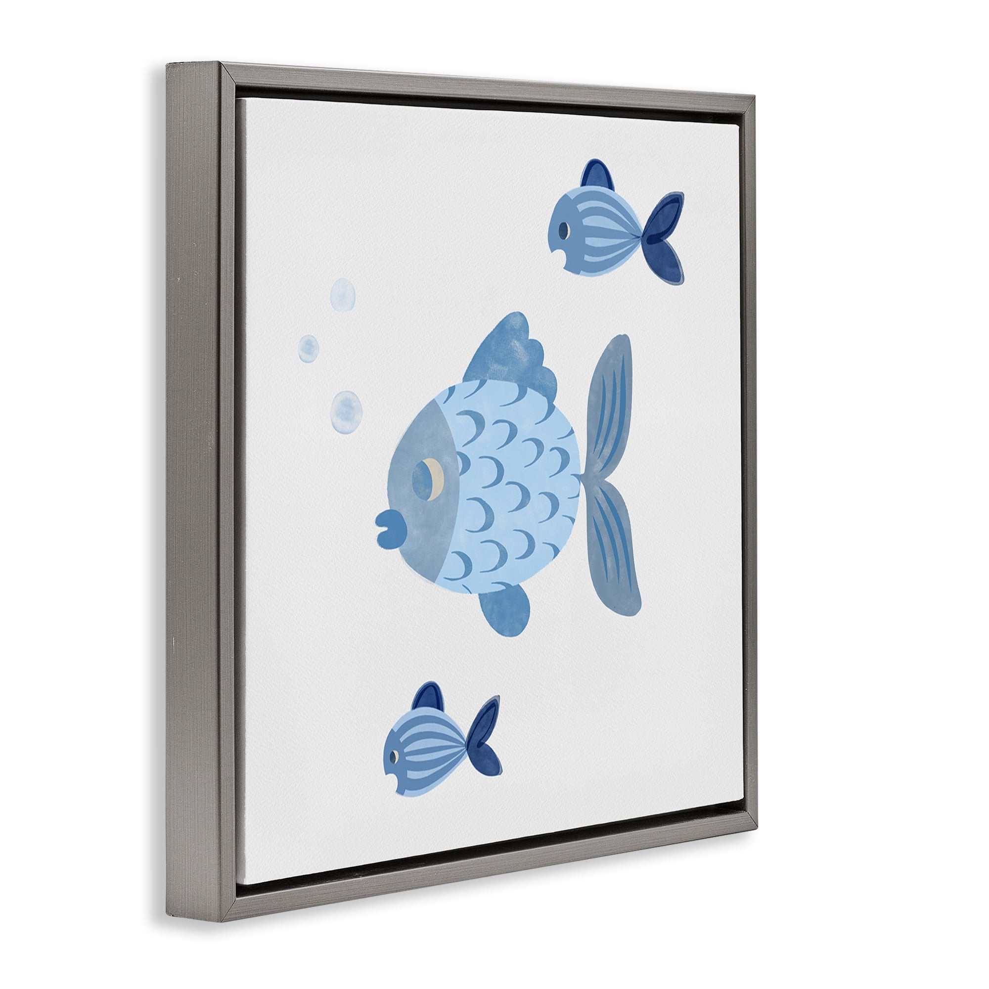 Stupell Industries Minimal Blue Fish Animals Painting Gray Floater Framed Canvas Art Print Wall Art, 18 x 18