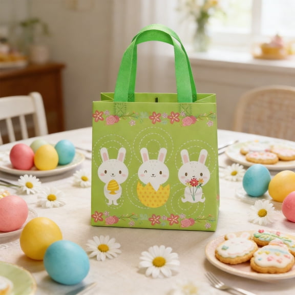 Wooowa Easter Egg Bunny Tote Bag, Laminated Non-Woven Eco Shopping Bag, Reusable Festive Easter Gift Decoration Tote
