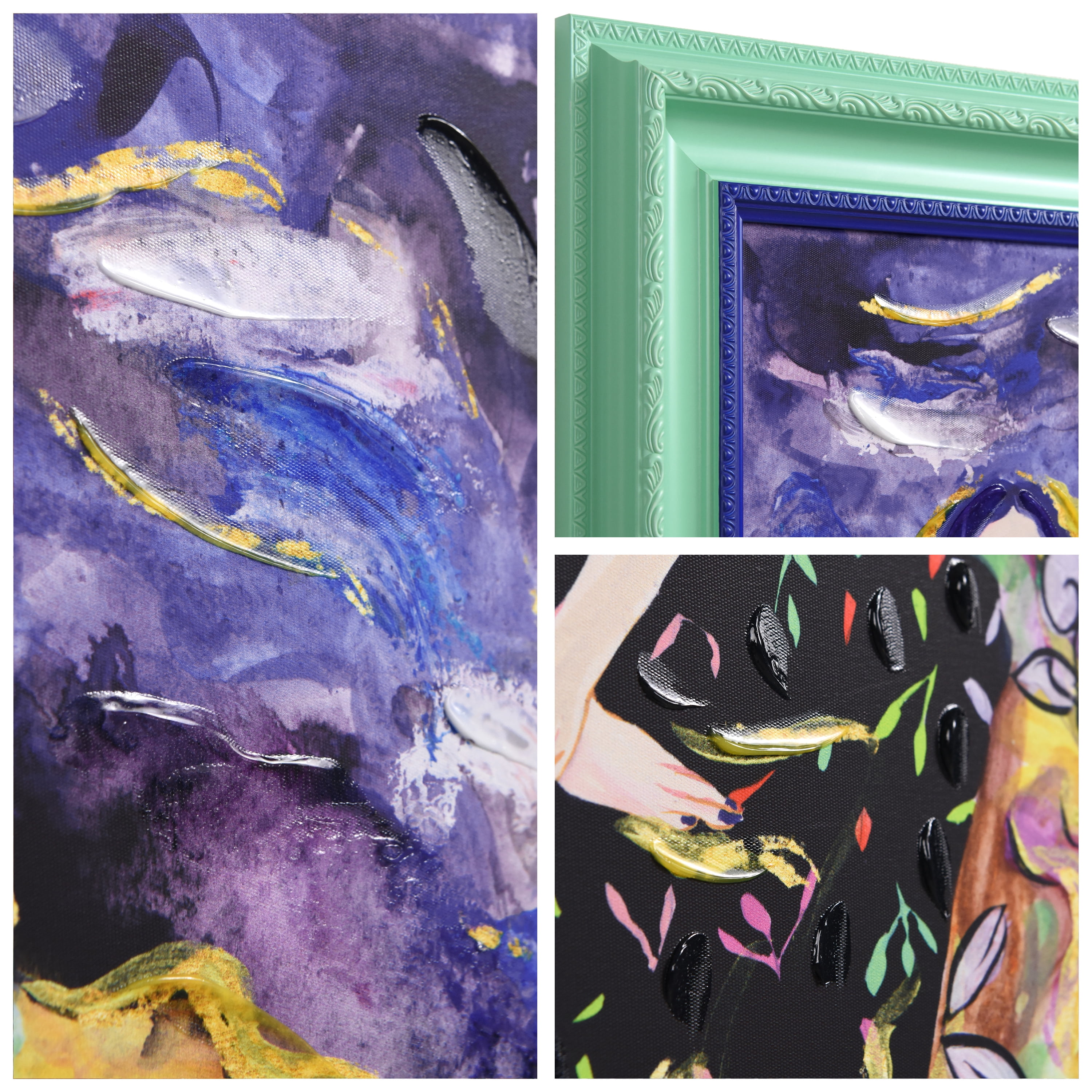 "Night Galaxy" Chromatic Hand Painted Embellished Giclee Portrait Canvas Wall Art with Baroque Two-Color Frame