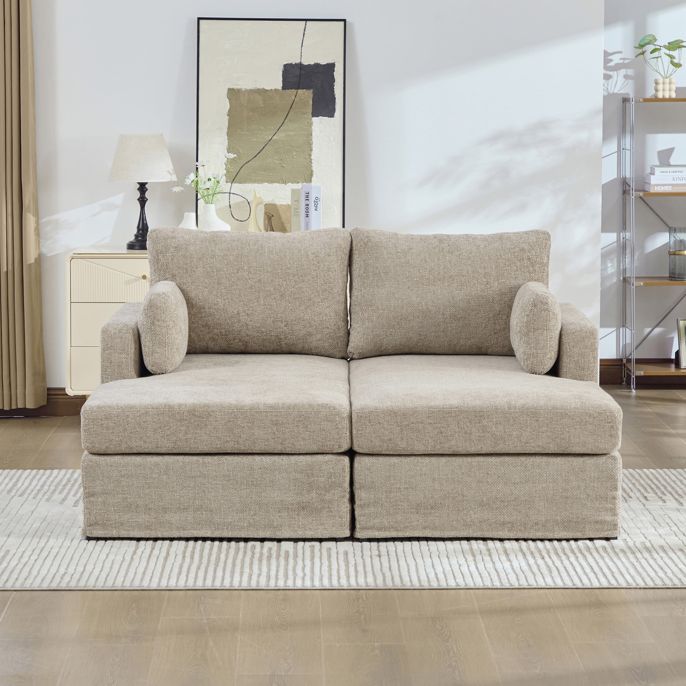 Noble House Norris 64" Chenille Modular Sofa Bed, Oversized Sleeper with Cushions & Metal Legs for Living Room, Taupe