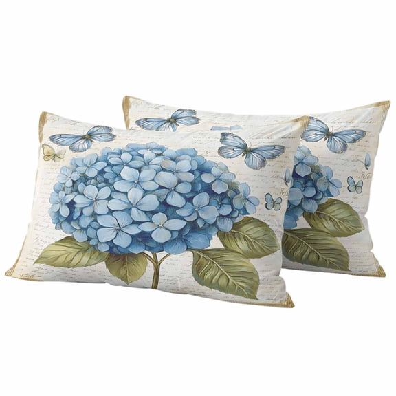 Blue Hydrangea Outdoor Waterproof Pillow Covers, Spring Vintage Botanical Butterfly Decorative Rectangle Throw Pillowcase Sofa Cushion Sham for Patio/Couch/Chair, 20"x12" 2 Pack