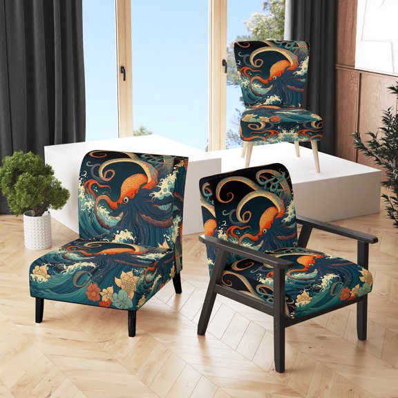 Designart "Octopus in a Japanese Landscape V" Blue Landscape & Nature Upholstered Accent Chair - Traditional Arm Chair For Bedroom