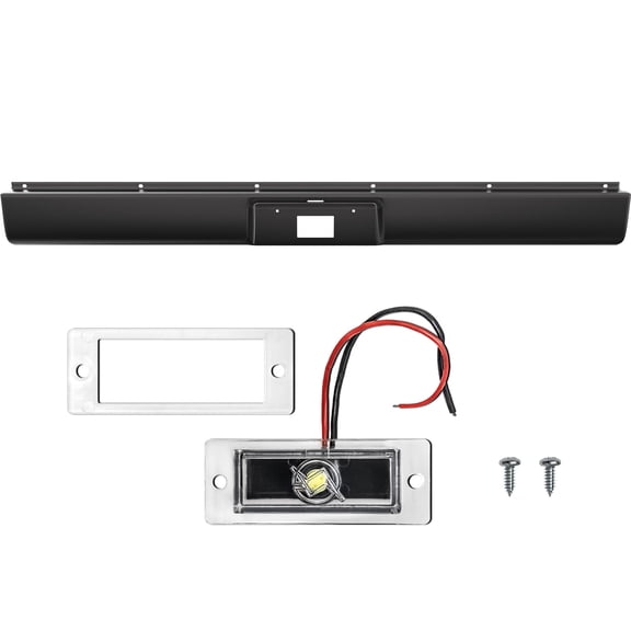 Rear Steel Roll Pan Bumper for 1973-1987 Chevy C10 & GMC C10 Fleetside Pickup, Black, w/ License Plate Light & Hardware