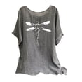 thumbnail image 3 of lcziwo Summer Tunic Tops for Women Lightweight Comfy Cotton Linen Shirts Fashion Dragonfly Print Blouses Loose Fit Short Sleeve Tees Dollar Sales Gray L, 3 of 8