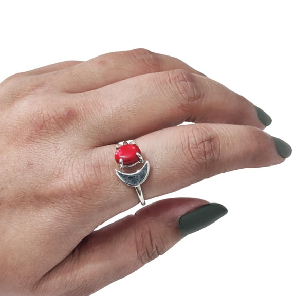 Natural Coral Ring, Red Coral Gemstone Ring, Genuine Birthstone, Crescent Moon Adjustable Ring, Toe Ring, 925 Sterling Silver, Womens Ring, Christmas, Thanksgiving, Handmade Statement Jewelry