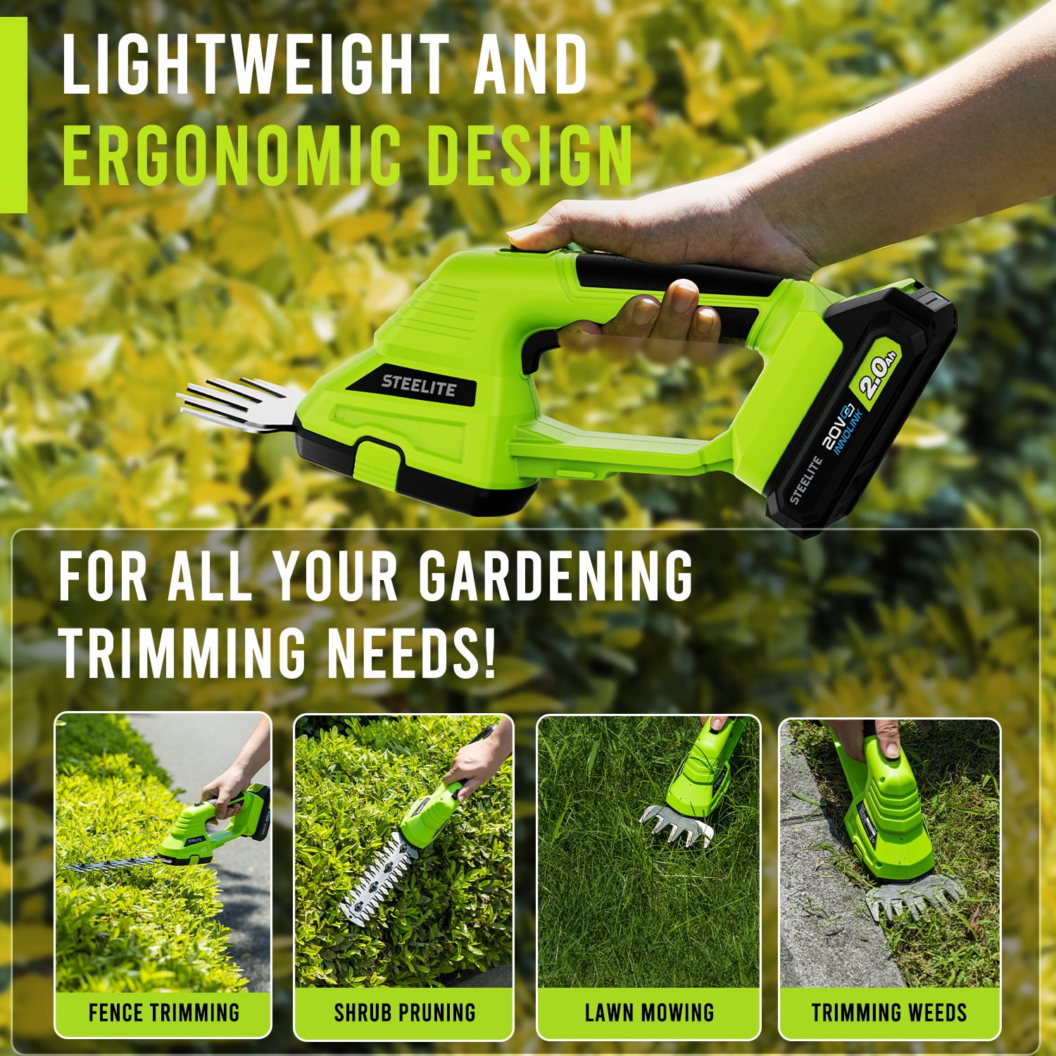 Steelite 21V Cordless Hedge Trimmer- 2 in 1 Electric Handheld Grass Shear & Shrub Trimmer Kit, Hedge Shear with 2.0Ah Lithium-Ion Battery for Garden and Lawn Maintenance