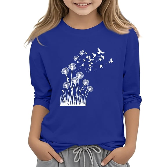 GiLiling Girls 3/4 Sleeve Crewneck Sweatshirt, Dandelion Printed Basic Blouse, Soft Casual Fashion Top Suitable for School Days and Leisure Occasions