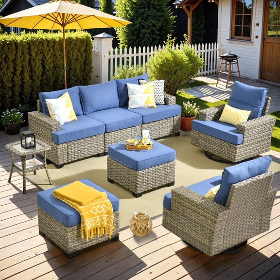 XIZZI 8 Pieces Outdoor Patio Furniture All Weather Rattan Conversation Set High Back Seating Set Modular Outside Sectional Sofa with Swivel Rocking Chairs for Porch,Denim Blue