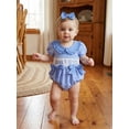 thumbnail image 5 of BemeyourBBs Mama's Bestie Baby Girls Summer Newborn Baby Girl Smocked Romper Outfits Adorable Letter Embroidery Short Sleeve Doll Collar Bodysuit And Headband Set, 5 of 9
