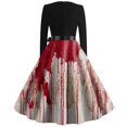 thumbnail image 4 of WTOBBY Women's Stylish Round Neck Casual Slim Fit Halloween Printed Swing Dress with Long Sleeves, Flared Hem, and Retro Design for Party Fashion ,Deep Red 2XL, 4 of 6