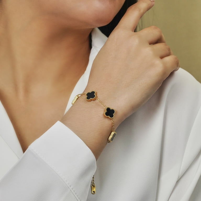 JeenMata Black Flower Link Bracelet, Stainless Steel  display picture 2