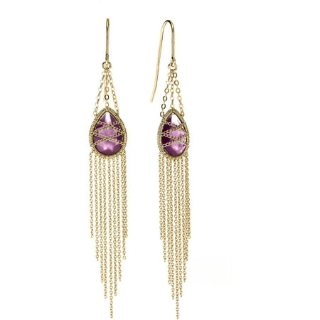 5th & Main 18kt Gold over Sterling Silver Hand-Wrapped Drape Chain Hanging Teardrop Amethyst Stone Earrings