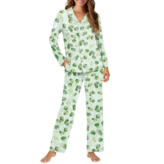 SCRAWLGOD Green Leaf Pajamas Women Long Sleeve Button Up Pjs for Women Set of 2 Size XS V-Neck Women's Pajama with Pockets Elastic Women Loungewear Set