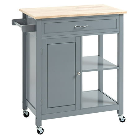 SAZYY Gray Kitchen Utility Trolley with Wood Top, Open Shelf & Drawer, Rolling Kitchen Cart on Wheels